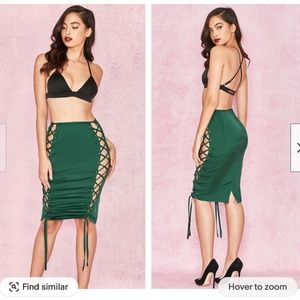 House of CB Green Lace-Up Midi Skirt